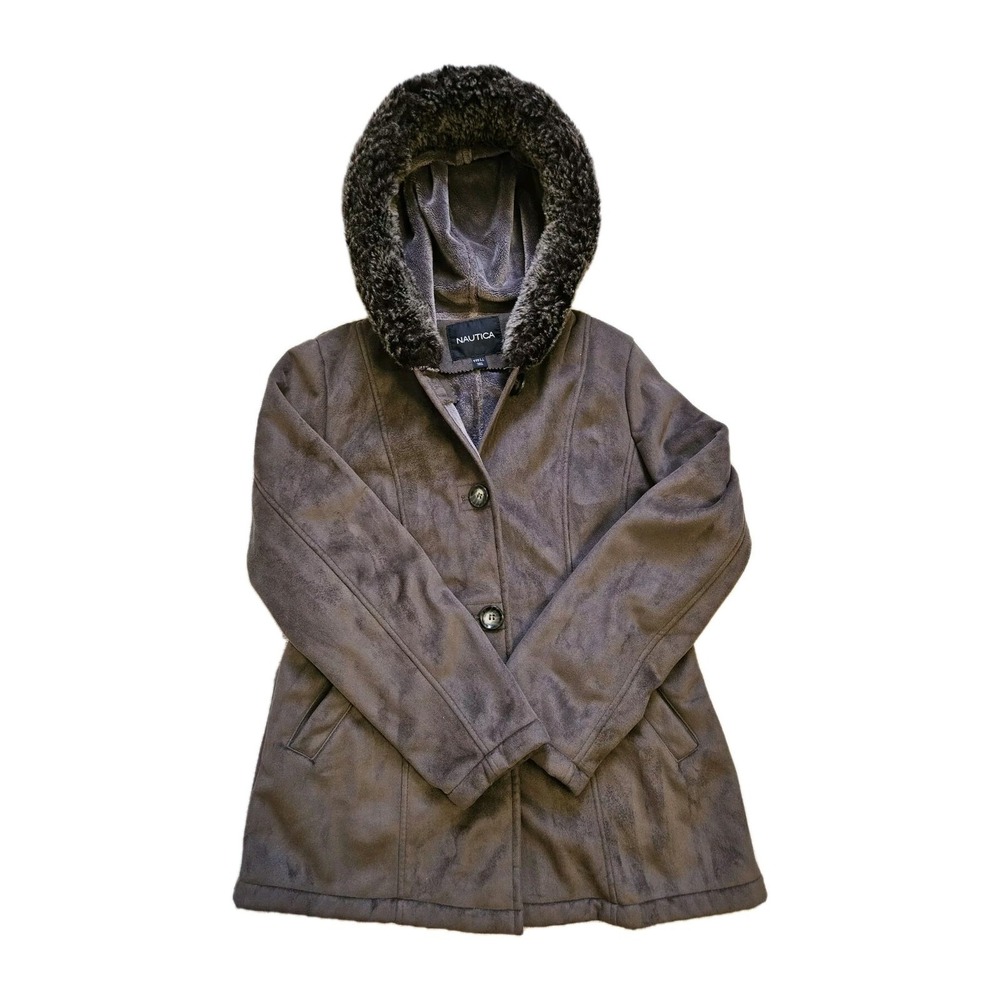 Nautica Jacket Womens Small Brown Faux Suede Fur Trim Hooded Fleece Lined‎ Coat